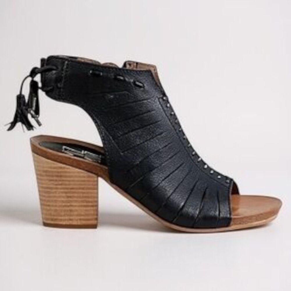 MIZ MOOZ Maddie Heeled Leather Slingback‎ Sandals Black Tassels Zip